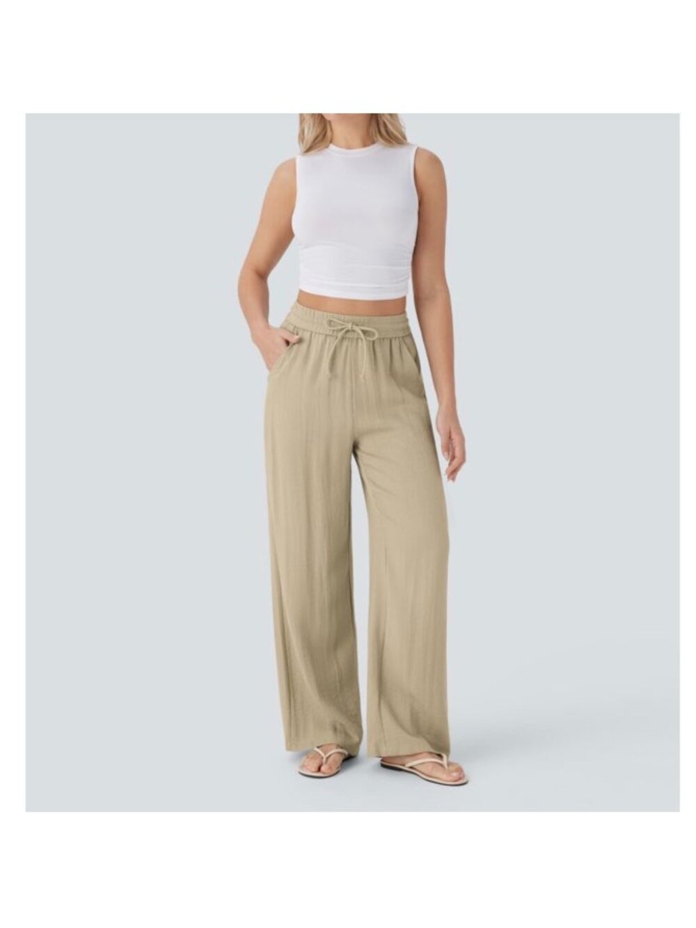 Halara Womens S linen like Beige Wide-Leg Drawstring Pants Relaxed Fit Lightweig